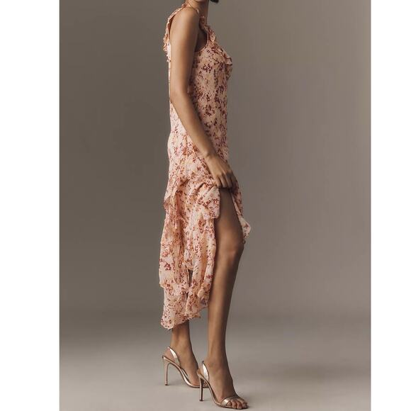 By Anthropologie Cowl-Neck Ruffle Midi Dress Pink Floral Size Large NEW - Picture 2 of 11